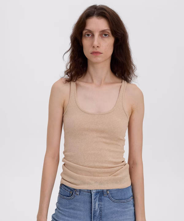 Beige Printnewtee Zelmira Scoop Neck Ribbed Tank Top Slim Fit Casual Everyday Style