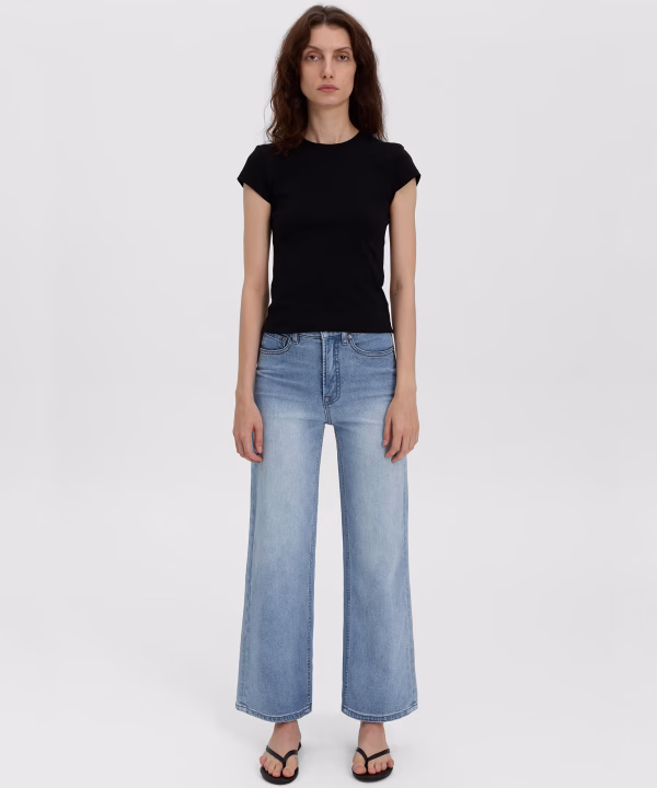 Light Blue Norevia Cropped Wide Leg Jeans Printnewtee Faded Wash Casual Denim Fit