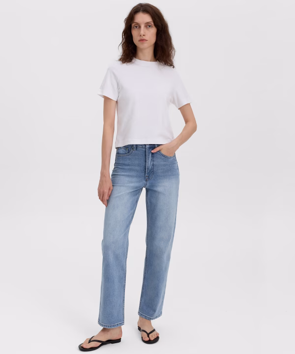 Light Blue Virelza Printnewtee Wide Leg Denim Jeans Faded Wash Casual Five Pocket Fit