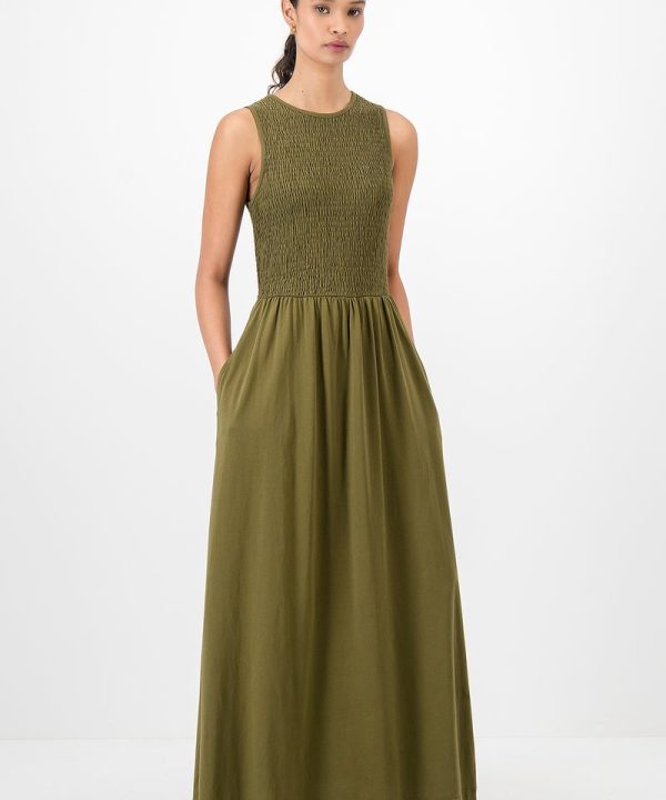 Olive Green Velmira Smocked Maxi Dress Printnewtee Sleeveless Gathered Casual Fit