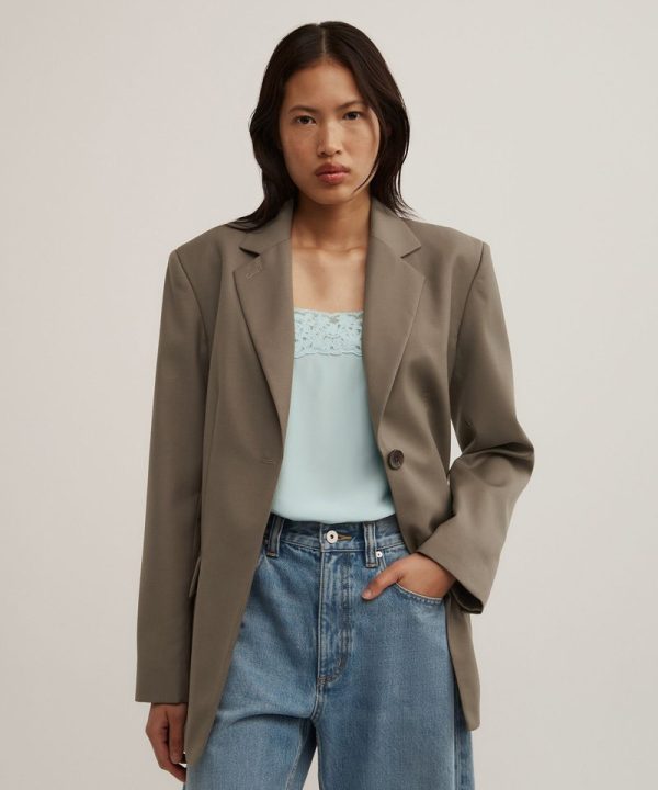 Taupe Printnewtee Virelza Single Button Blazer Notch Lapel Relaxed Tailored Fit
