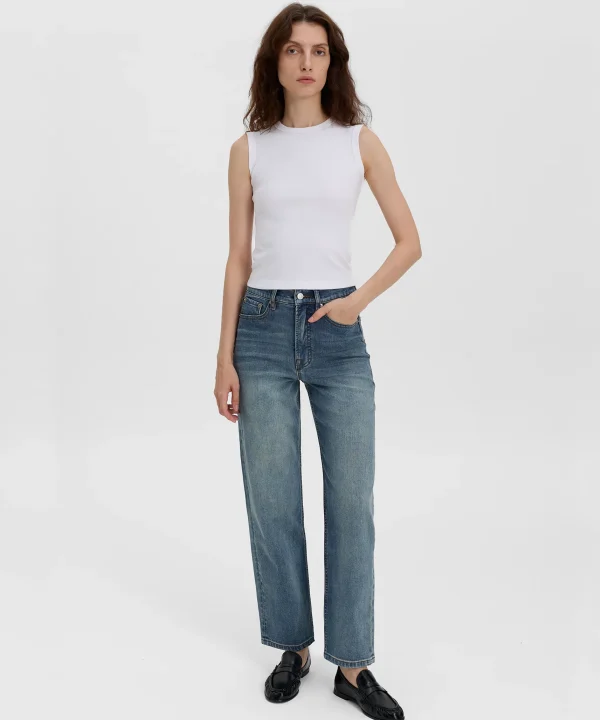 Vintage Blue Printnewtee Zelmora Wide Leg Denim Jeans Faded Wash Five Pocket Fit