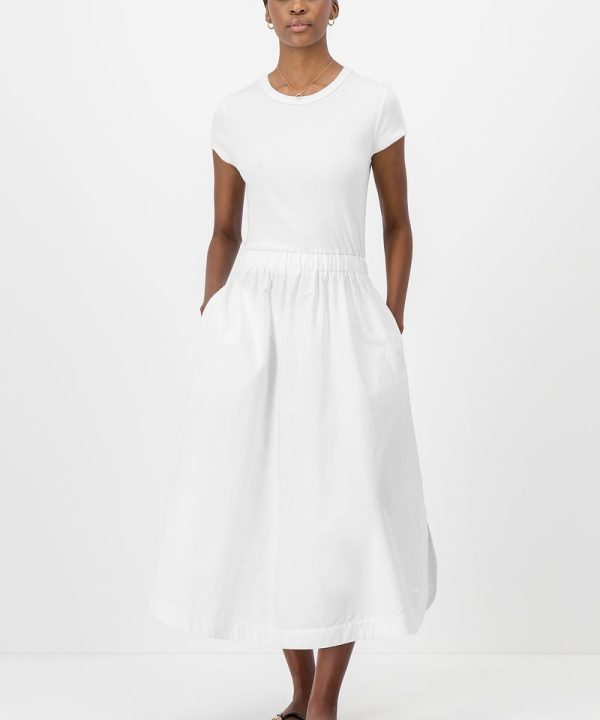 White Lumeria Printnewtee Midi Dress Crew Neck Short Sleeve Gathered Casual Fit
