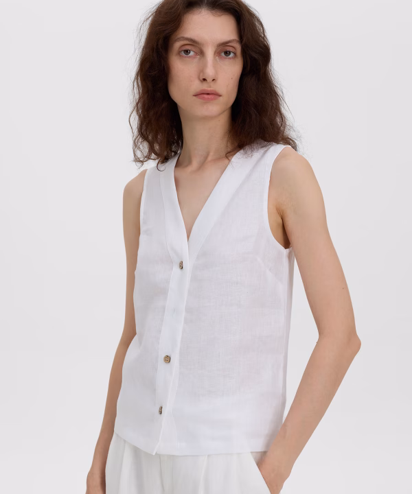White Virelza Sleeveless V Neck Button Front Printnewtee Relaxed Casual Blouse