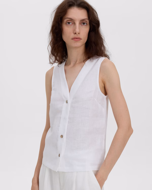 White Virelza sleeveless V neck button front casual blouse